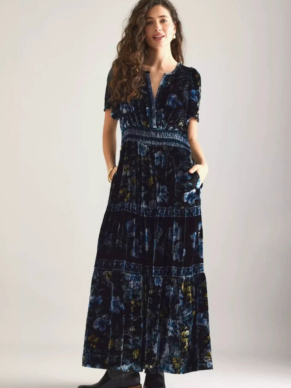 Anthropologie The Somerset Velvet Edition Maxi Dress Tiered XL 1X Blue Floral